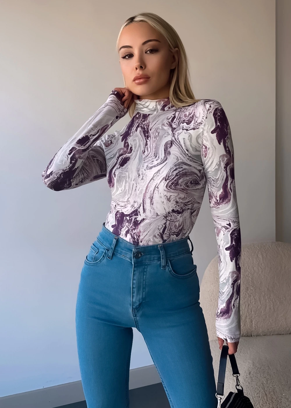 Kadın Yeni Sezon Mor Wave Desen Dik Yaka Uzun Kollu Bluz