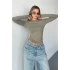 Kadın Haki Bisiklet Yaka Parmak Geçmeli Modal Kumaş Body