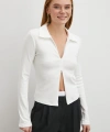 Yakalı Çift Fermuarlı Bluz Beyaz