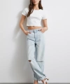Yüksek Bel Paça Katlamalı Yırtık Detaylı Jean Buz Mavisi