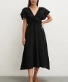 Fırfır Detaylı V Yaka  Gipeli Keten Elbise Siyah