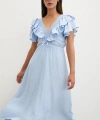 Fırfır Detaylı V Yaka  Gipeli Keten Elbise Mavi