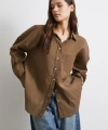 Cepli Oversize Keten  Gömlek Kahve