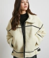 Ters Detay Lamine Biker Ceket Krem