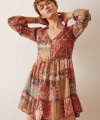 Biyeli V Yaka Desenli Mini Elbise Kahve
