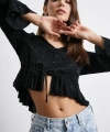V Yaka Fırfırlı Bluz Siyah