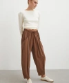 Bağcıklı Beli Lastikli Pileli Pantolon Kahve