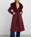 Kürk Yaka Kuşaklı Kaşe Kaban Bordo