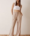 Beli Lastikli Biyeli Yüksek Bel Pantolon Bej