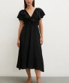 Fırfır Detaylı V Yaka  Gipeli Keten Elbise Siyah