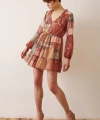 Biyeli V Yaka Desenli Mini Elbise Kahve