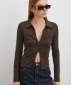 Yakalı Çift Fermuarlı Bluz Kahve