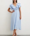 Fırfır Detaylı V Yaka  Gipeli Keten Elbise Mavi