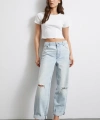 Yüksek Bel Paça Katlamalı Yırtık Detaylı Jean Buz Mavisi