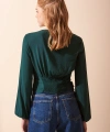 Düğme Detaylı V Yaka Uzun Kol Bluz Yeşil