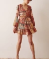 Biyeli V Yaka Desenli Mini Elbise Kahve