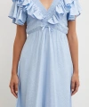 Fırfır Detaylı V Yaka  Gipeli Keten Elbise Mavi