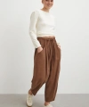 Bağcıklı Beli Lastikli Pileli Pantolon Kahve
