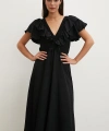 Fırfır Detaylı V Yaka  Gipeli Keten Elbise Siyah