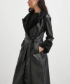 Kürklü Kuşaklı Deri Pardesü Siyah