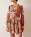 Biyeli V Yaka Desenli Mini Elbise Kahve