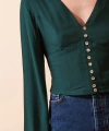 Düğme Detaylı V Yaka Uzun Kol Bluz Yeşil