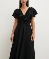 Fırfır Detaylı V Yaka  Gipeli Keten Elbise Siyah