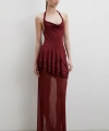 Boyun Askılı Fırfırlı Tül Elbise Bordo