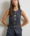 Bisiklet Yaka Metal Düğmeli Denim Yelek Lacivert