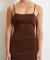 Yanı Büzgülü Askılı Elbise Yırtmaçlı Kahve