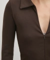 Yakalı Çift Fermuarlı Bluz Kahve