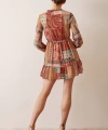 Biyeli V Yaka Desenli Mini Elbise Kahve