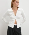 Yakalı Çift Fermuarlı Bluz Beyaz