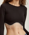 Parlak Taşlı Crop Siyah