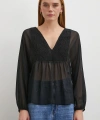 V Yaka Dantelli Transparan Bluz Siyah