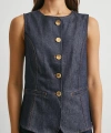Bisiklet Yaka Metal Düğmeli Denim Yelek Lacivert