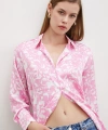 Desenli Gofret Saten Gömlek Pembe