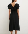 Fırfır Detaylı V Yaka  Gipeli Keten Elbise Siyah