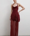 Boyun Askılı Fırfırlı Tül Elbise Bordo