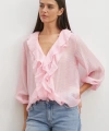 Önü Fırfırlı V Yaka Bluz Pembe