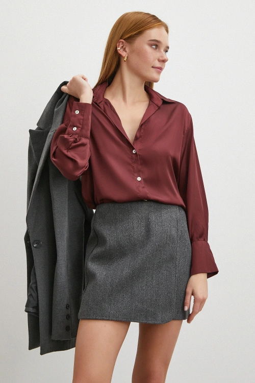 Basic Saten Gömlek Bordo
