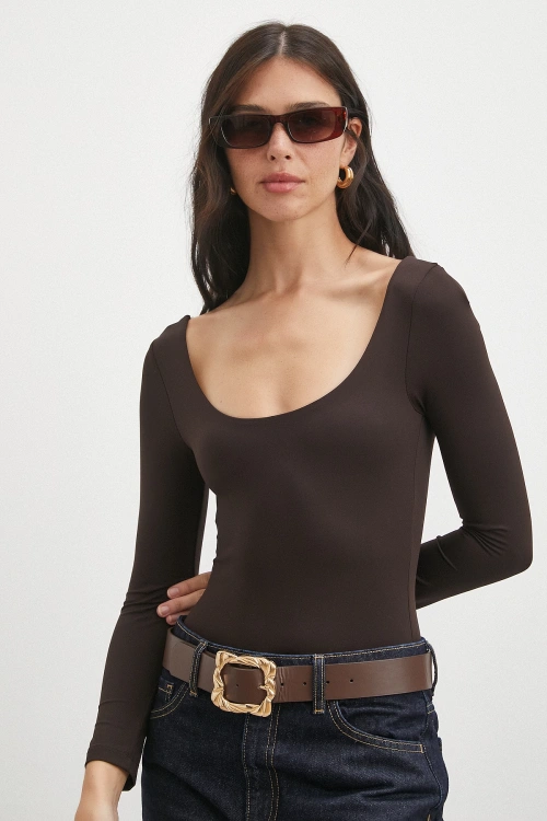 U Yaka Uzun Kollu Çıtçıtlı Bodysuit Kahve