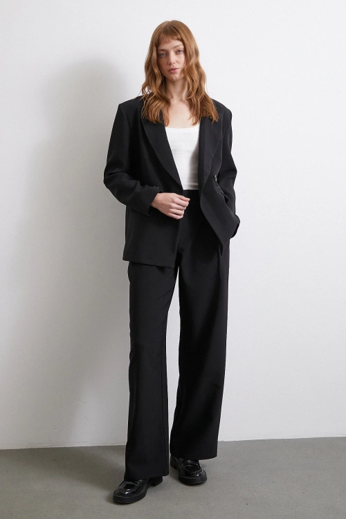 Bel Detaylı Wide Leg Pantolon Siyah