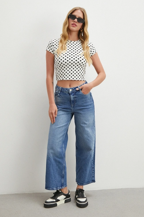 Yüksek Bel Beş Cepli Cropped Jean Mavi