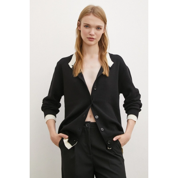 Çift Yakalı Düğmeli Hırka Siyah