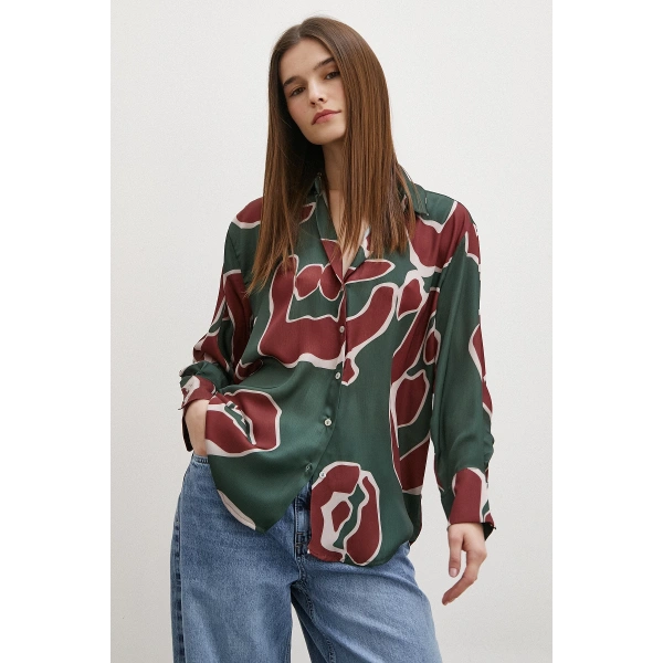 Baskılı Saten Gömlek Mor