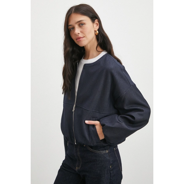 Beli Lastikli Fermuarlı Denim Görünümlü Bomber Ceket Lacivert