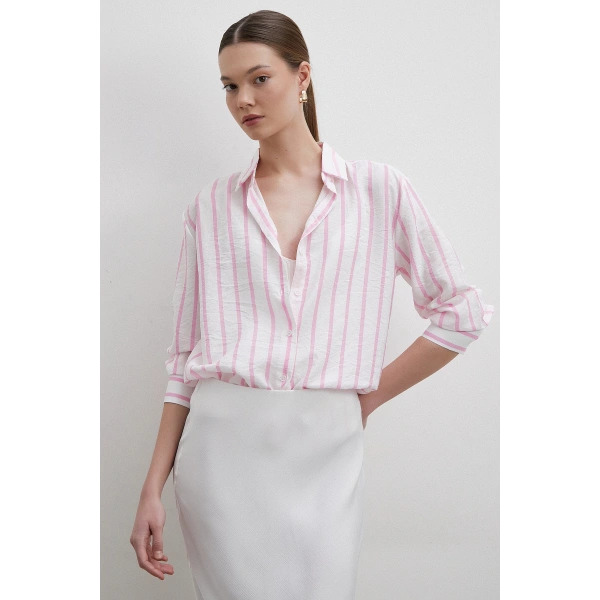 V Yaka Çizgili Modal Gömlek Pembe