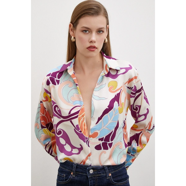 İpek Desen Gömlek Mor