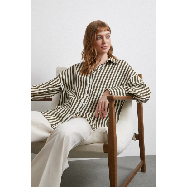 Çizgili T Kol Gömlek Haki